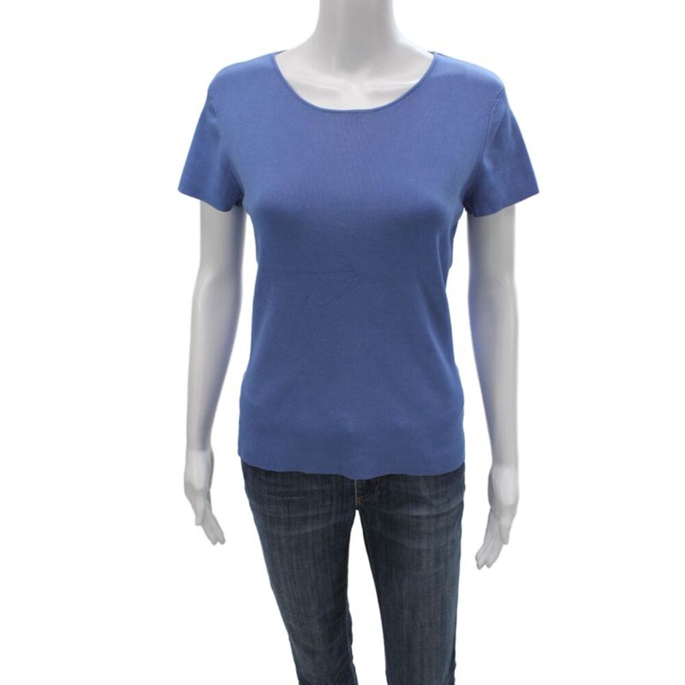 Nina Mclemore Womens Blue Silk Scoop Neck Blouse Short Sleeve Solid Size M